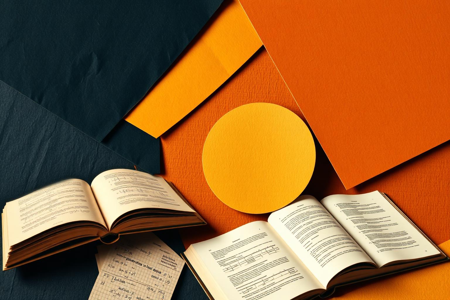 A collage of open textbooks, study notes and bold paper shapes